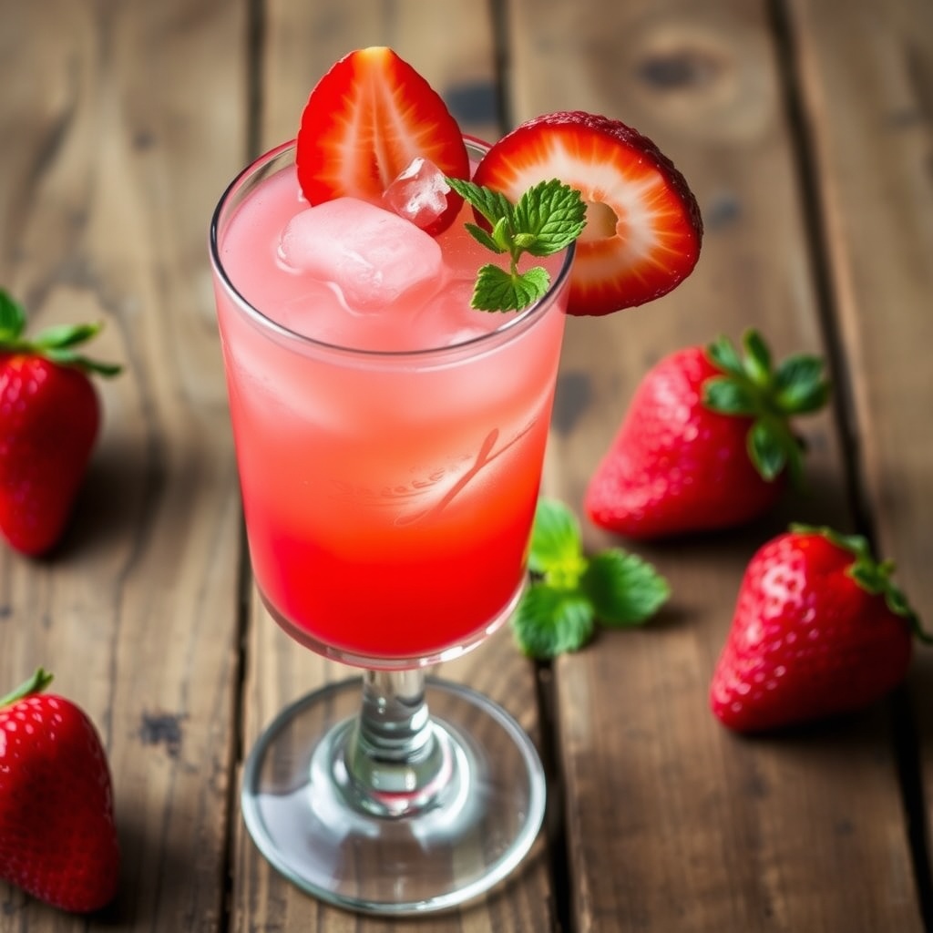 Delicious Strawberry Rhubarb Sour Cocktail Recipe A Strawberry Rhubarb Sour cocktail in a glass with strawberries and rhubarb garnish on a wooden table.
